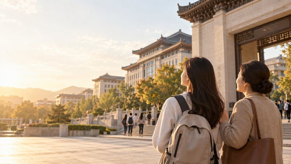 Phụ huynh cùng con trước khuôn viên đại học tại Trung Quốc